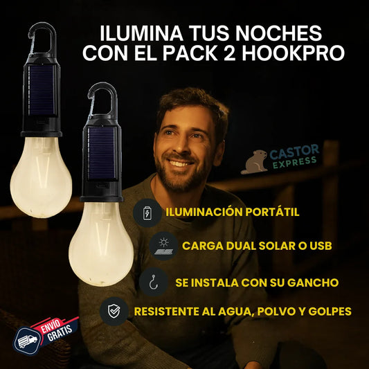 .Luz instantánea sin cables: Pack 2 Bombillas solar HookPro – tu aliado en oscuridad en cualquier lugar