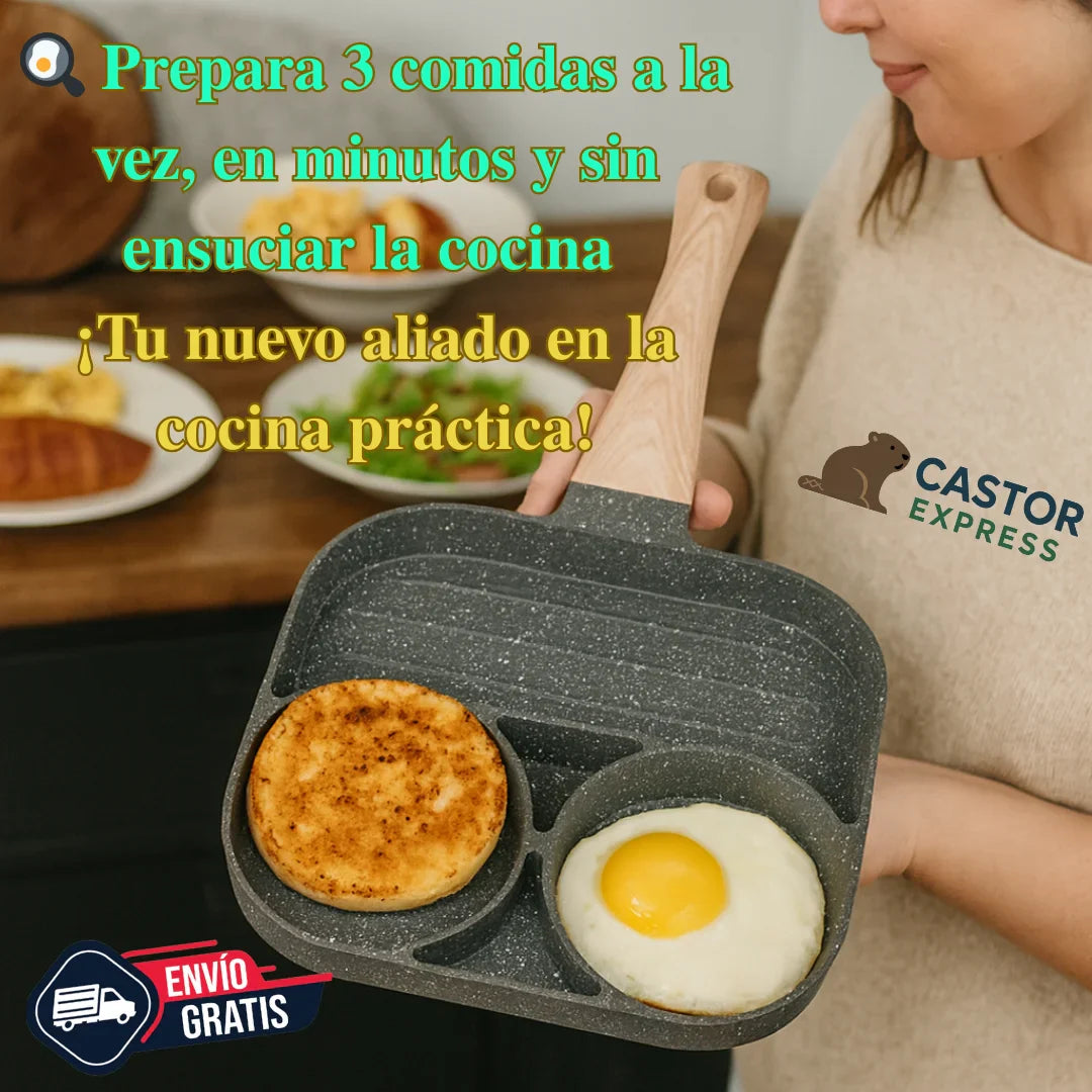 Sartén Antiadherente 3 en 1 – Cocina Varias Comidas a la Vez – Ahorra Tiempo en Solo 10 Minutos